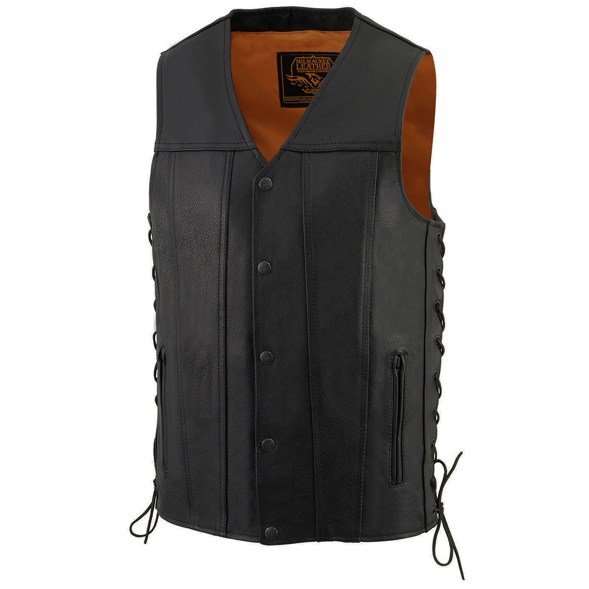MLM3520 Men's Black Leather Vest - Classic V-Neck Straight Bottom Side Lace Motorcycle Rider Vest