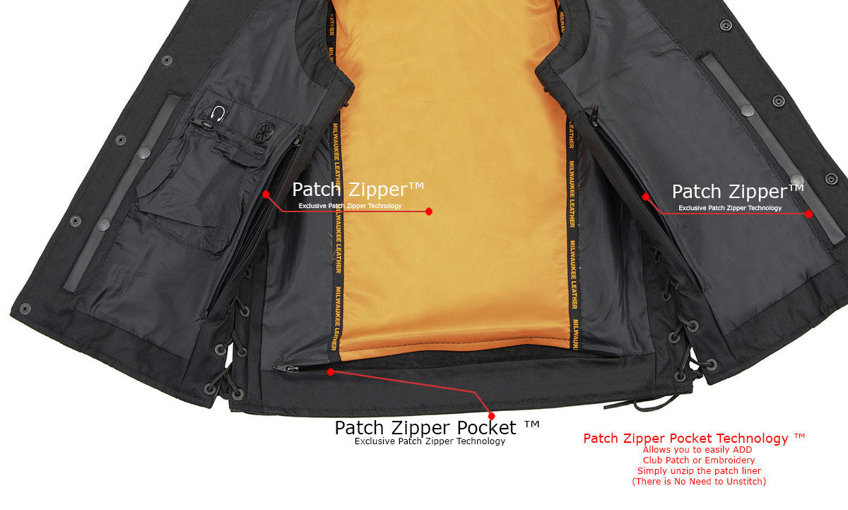 MLM3520 Men's Black Leather Vest - Classic V-Neck Straight Bottom Side Lace Motorcycle Rider Vest