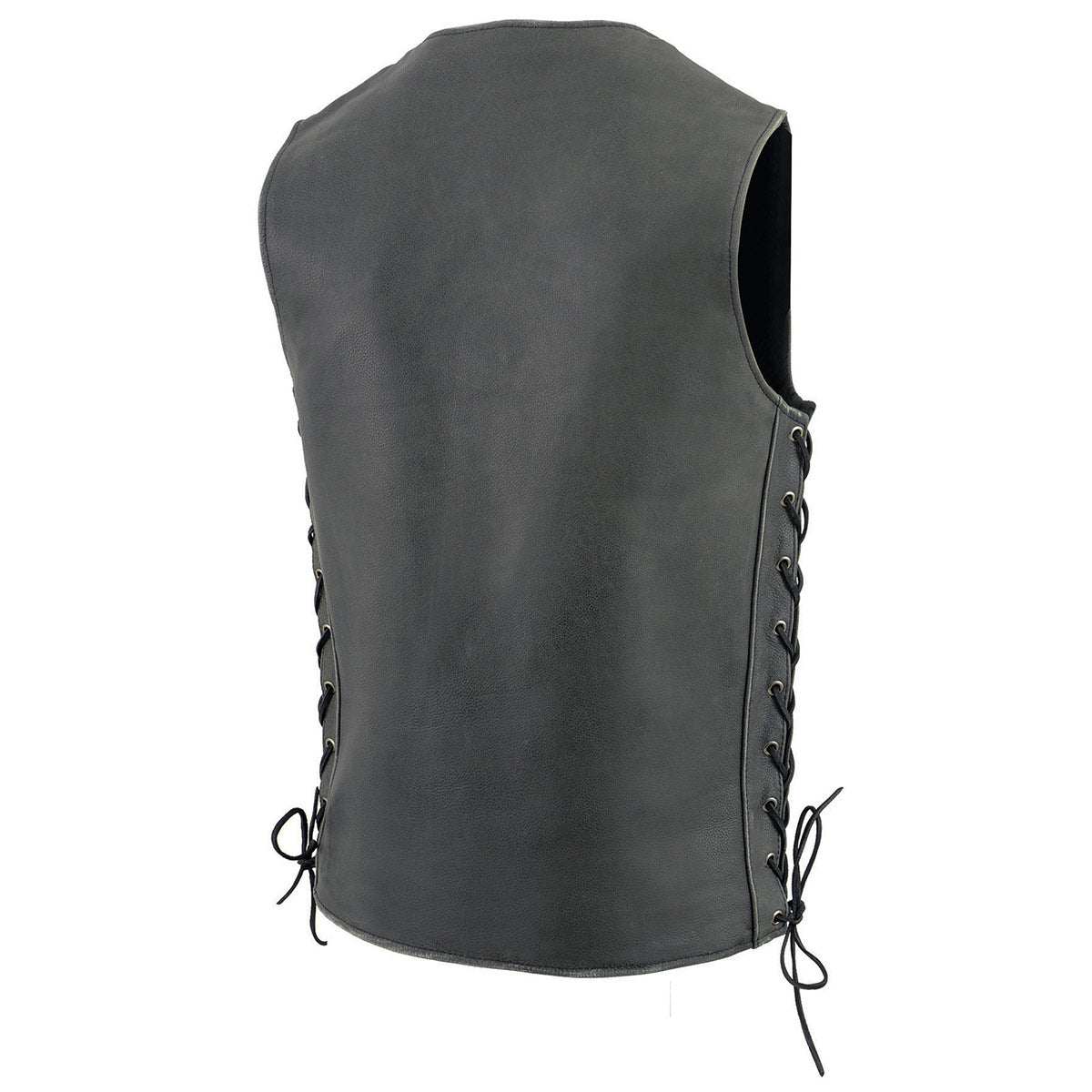 MLM3521 Men's Distress Grey Leather Vest - V-Neck Straight Bottom Side Lace Motorcycle Rider Vest
