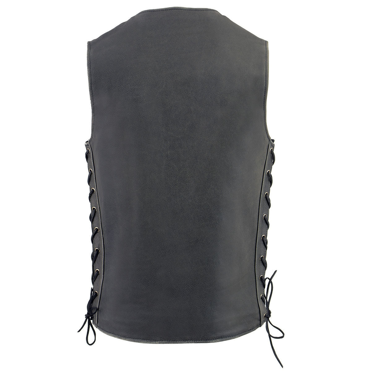 MLM3521 Men's Distress Grey Leather Vest - V-Neck Straight Bottom Side Lace Motorcycle Rider Vest
