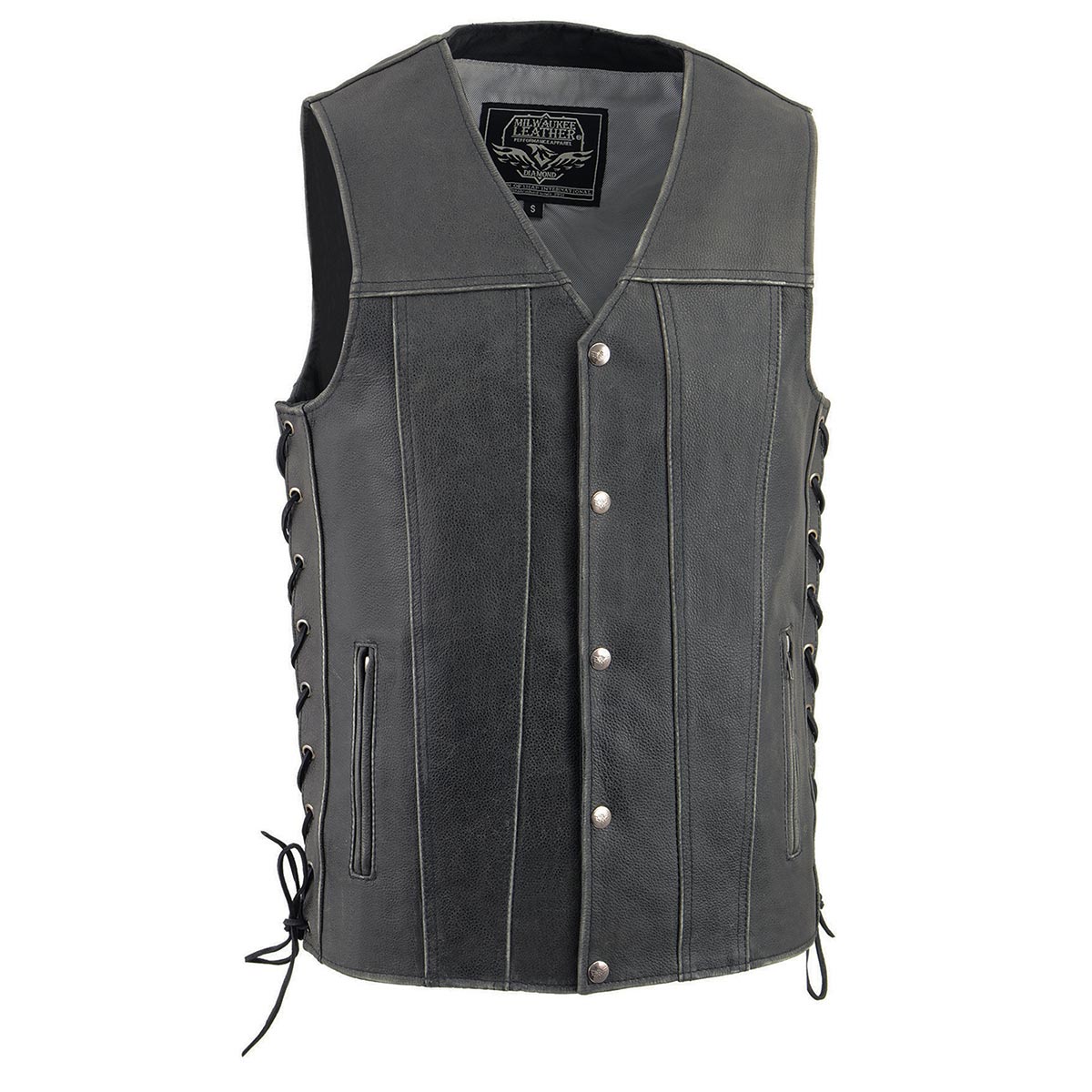 MLM3521 Men's Distress Grey Leather Vest - V-Neck Straight Bottom Side Lace Motorcycle Rider Vest