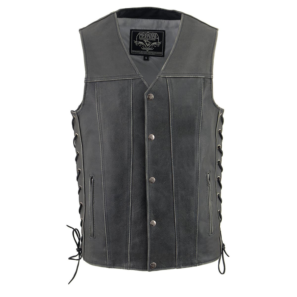 MLM3521 Men's Distress Grey Leather Vest - V-Neck Straight Bottom Side Lace Motorcycle Rider Vest