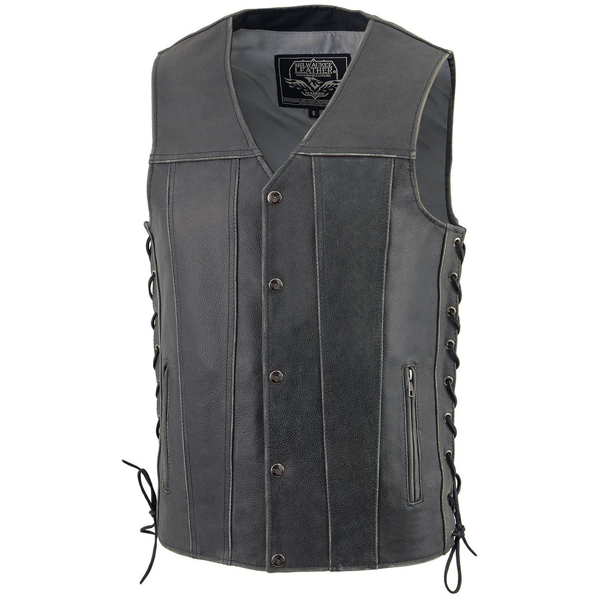 MLM3521 Men's Distress Grey Leather Vest - V-Neck Straight Bottom Side Lace Motorcycle Rider Vest
