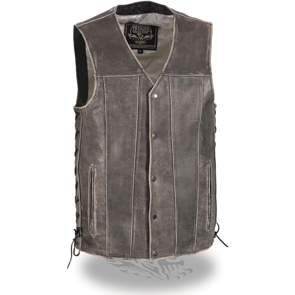 MLM3521 Men's Distress Grey Leather Vest - V-Neck Straight Bottom Side Lace Motorcycle Rider Vest