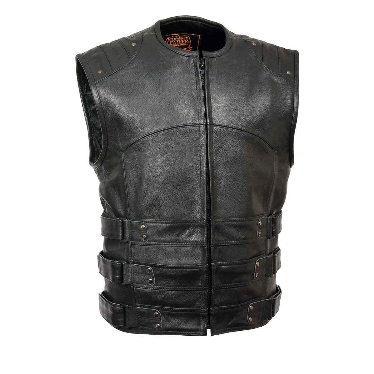 MLM3530 Men's Black Swat Tactical Style Leather Vest Club Patch Accessible Single Panel Back Vest