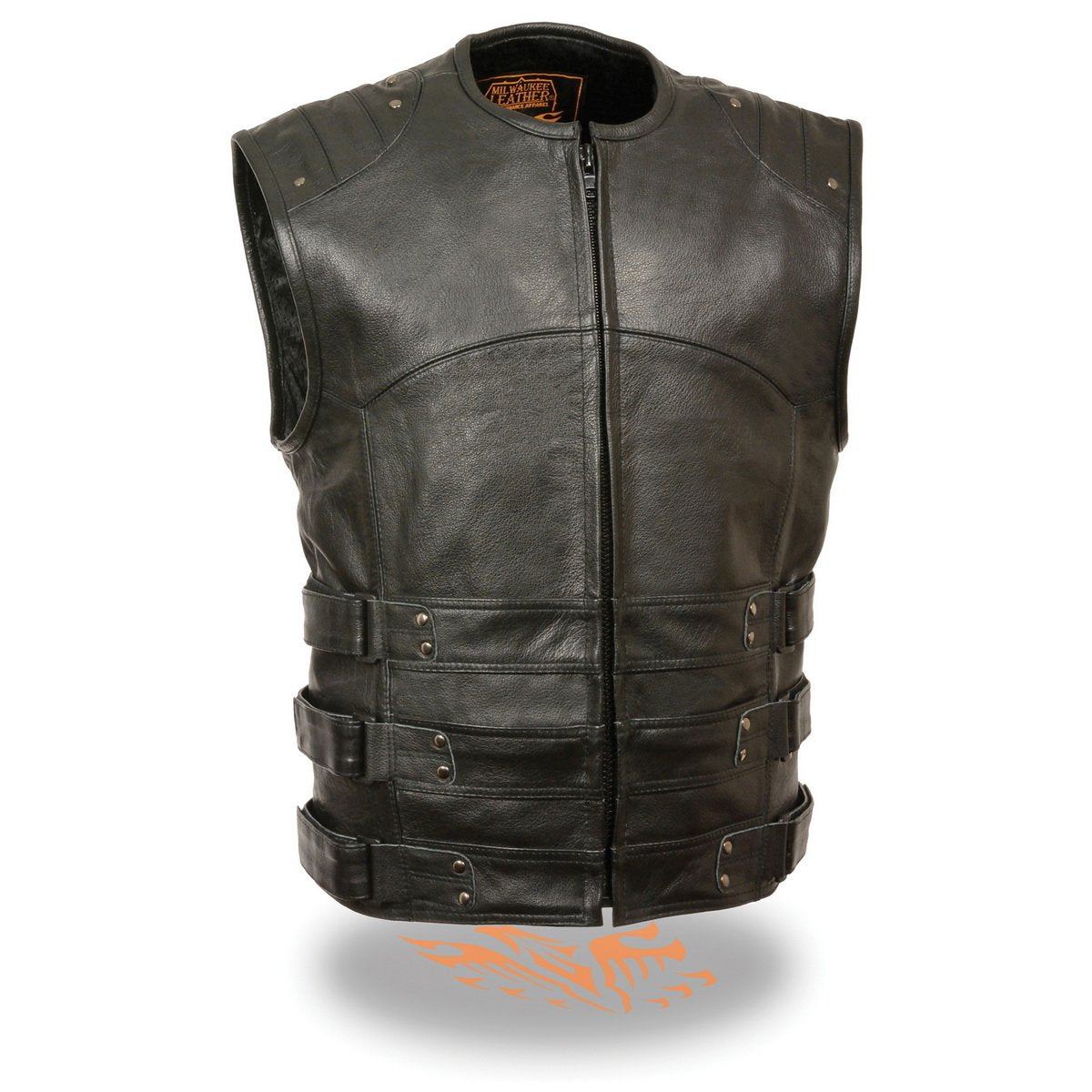 MLM3530 Men's Black Swat Tactical Style Leather Vest Club Patch Accessible Single Panel Back Vest