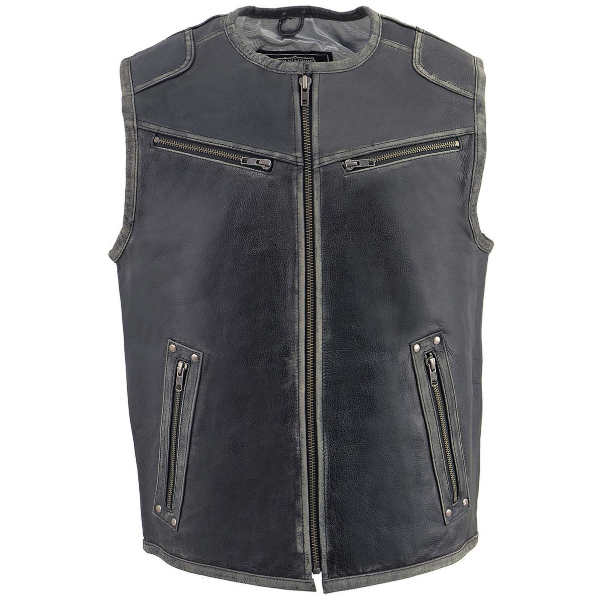 MLM3536 Men's Distressed Grey Leather Collarless Motorcycle Rider Vest