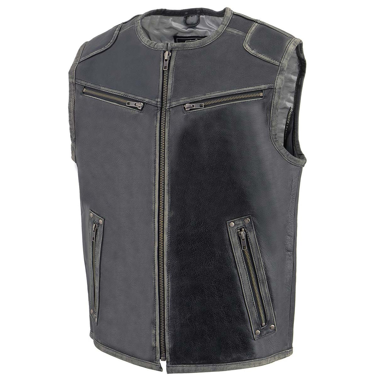 MLM3536 Men's Distressed Grey Leather Collarless Motorcycle Rider Vest