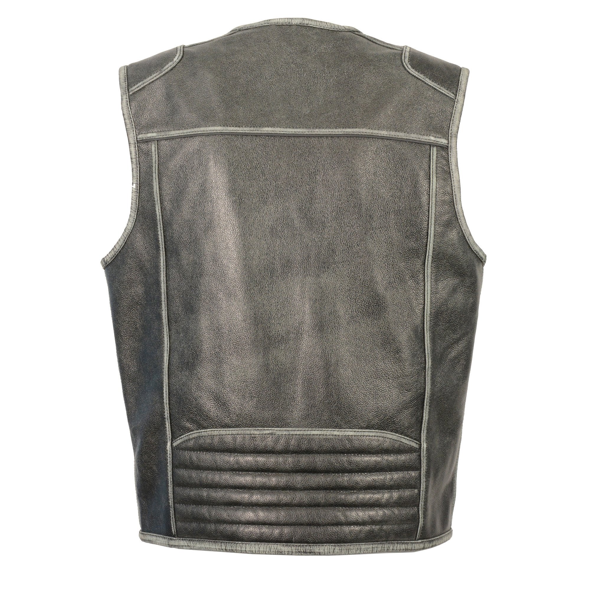 MLM3536 Men's Distressed Grey Leather Collarless Motorcycle Rider Vest