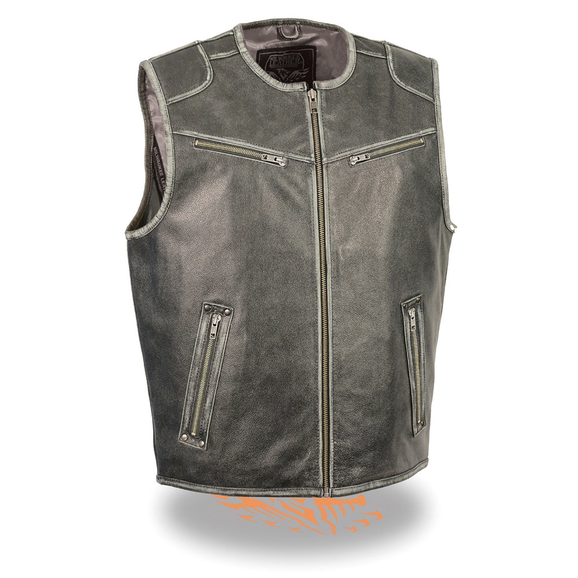MLM3536 Men's Distressed Grey Leather Collarless Motorcycle Rider Vest