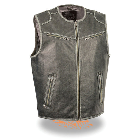 MLM3536 Men's Distressed Grey Leather Collarless Motorcycle Rider Vest