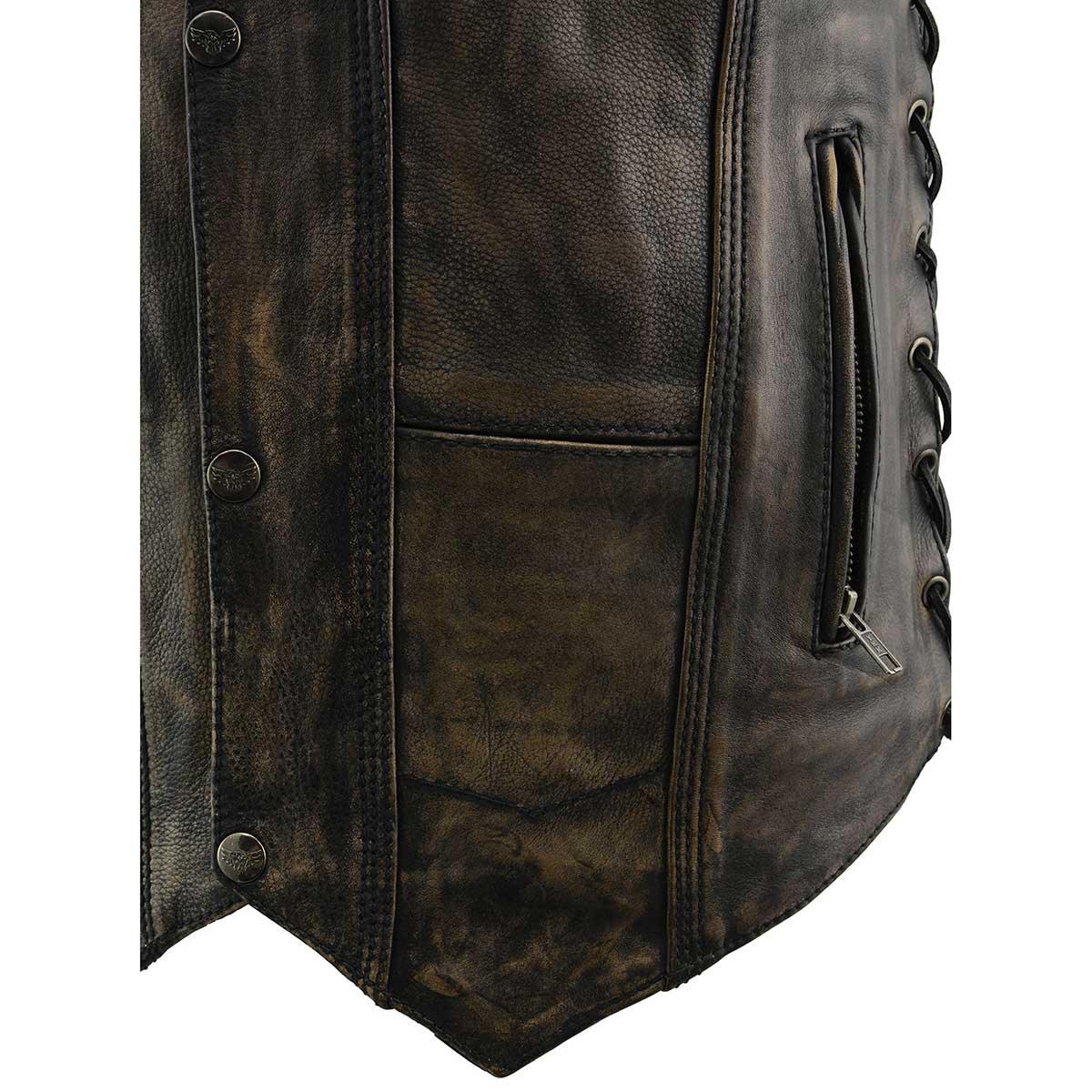 MLM3540 Men's Roulette Distressed Brown 10 Pocket Motorcycle Leather Vest