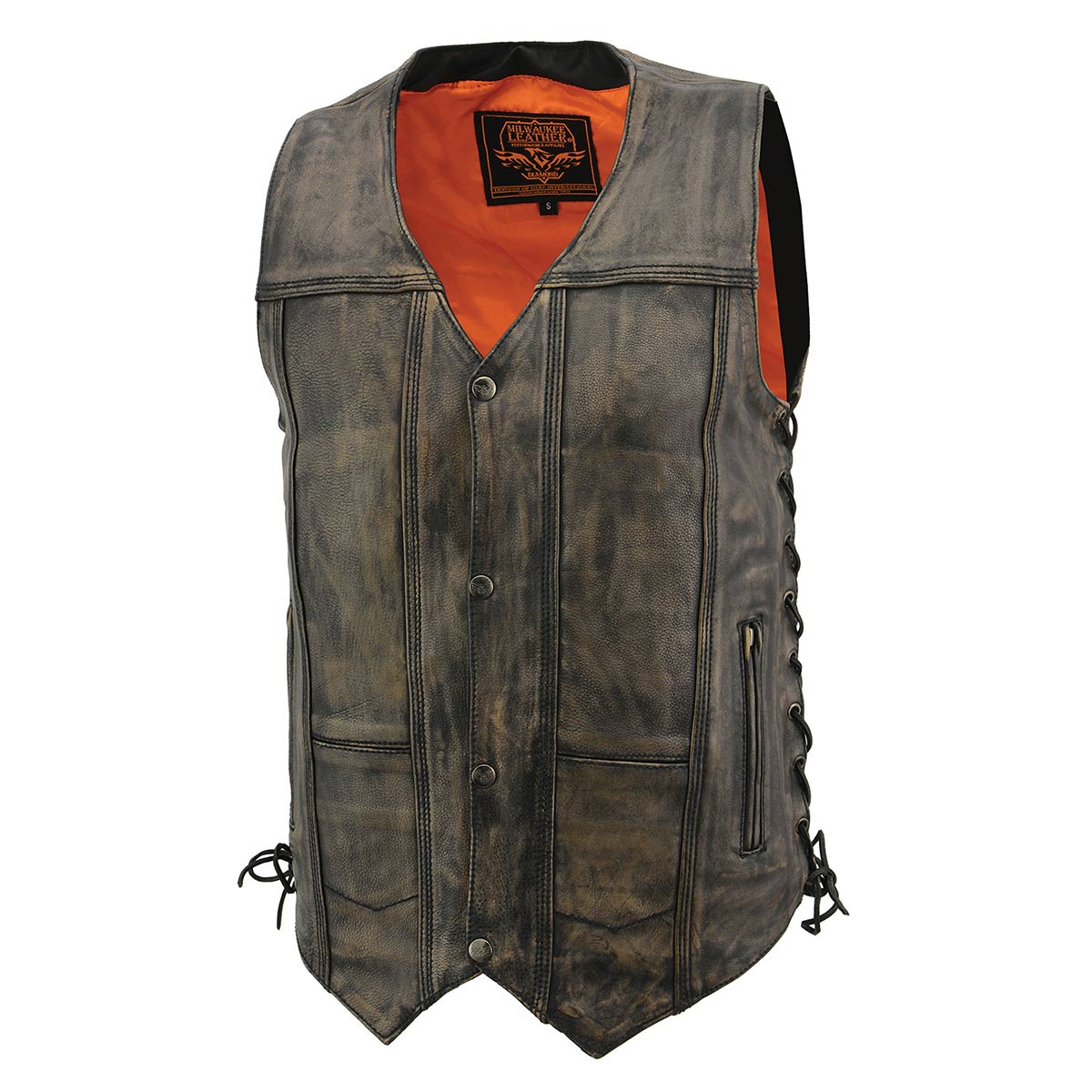 MLM3540 Men's Roulette Distressed Brown 10 Pocket Motorcycle Leather Vest