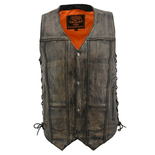 MLM3540 Men's Roulette Distressed Brown 10 Pocket Motorcycle Leather Vest