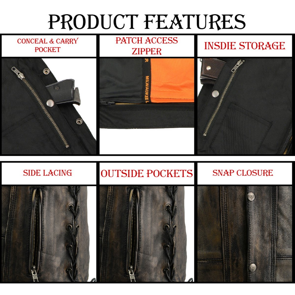 MLM3540 Men's Roulette Distressed Brown 10 Pocket Motorcycle Leather Vest