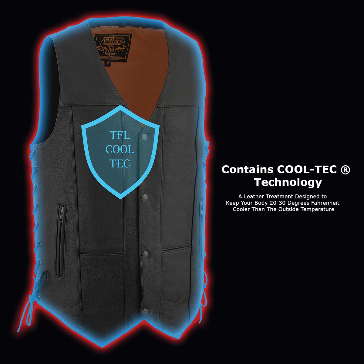 MLM3541 Men's Roulette Black Premium Leather 10 Pocket Motorcycle Vest w/ Cool-Tec Leather Treatment