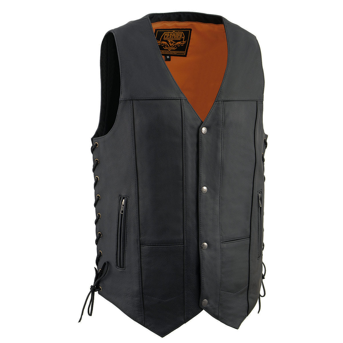 MLM3541 Men's Roulette Black Premium Leather 10 Pocket Motorcycle Vest w/ Cool-Tec Leather Treatment