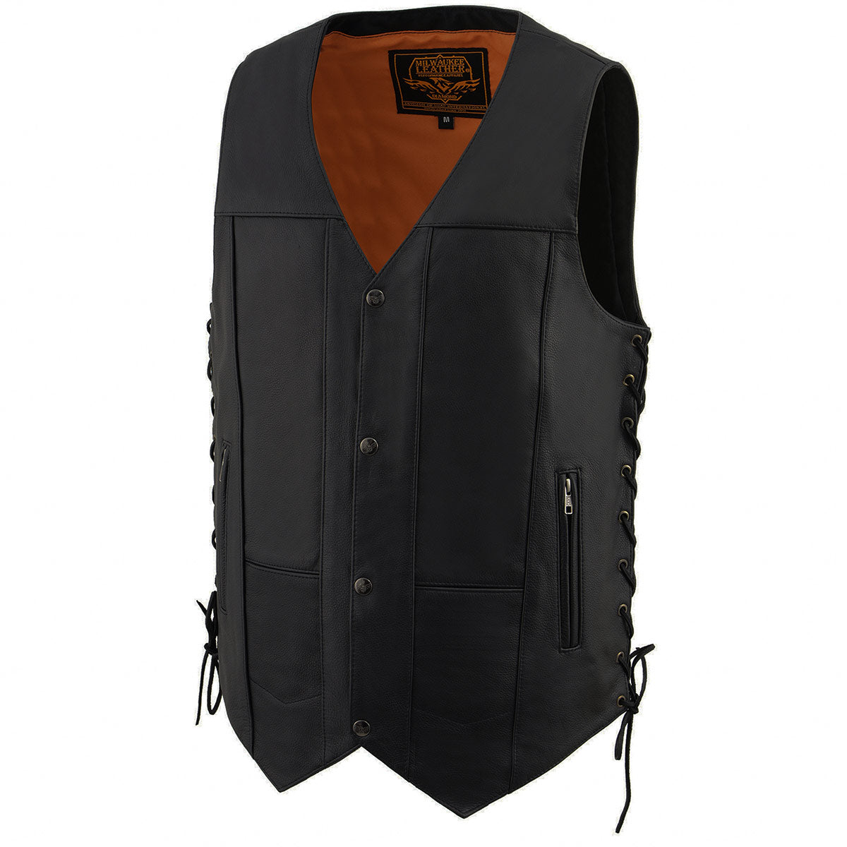 MLM3541 Men's Roulette Black Premium Leather 10 Pocket Motorcycle Vest w/ Cool-Tec Leather Treatment