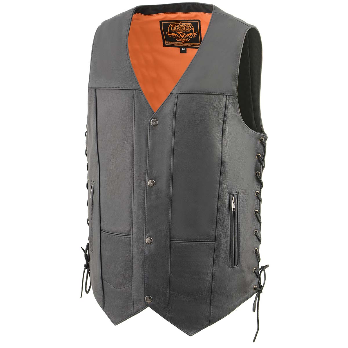 MLM3541 Men's Roulette Black Premium Leather 10 Pocket Motorcycle Vest w/ Cool-Tec Leather Treatment