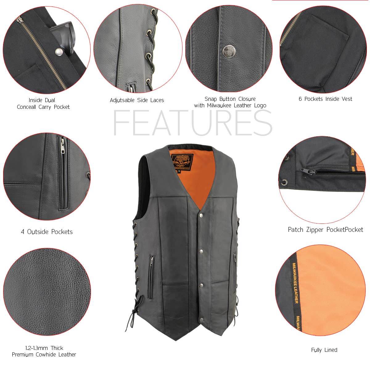 MLM3541 Men's Roulette Black Premium Leather 10 Pocket Motorcycle Vest w/ Cool-Tec Leather Treatment
