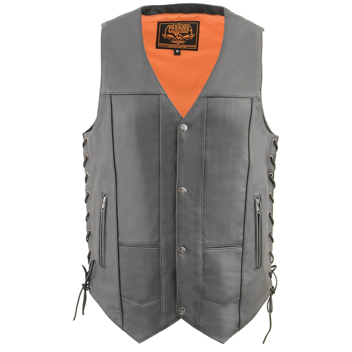 MLM3541 Men's Roulette Black Premium Leather 10 Pocket Motorcycle Vest w/ Cool-Tec Leather Treatment