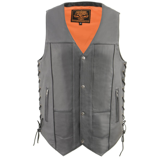 MLM3541 Men's Roulette Black Premium Leather 10 Pocket Motorcycle Vest w/ Cool-Tec Leather Treatment