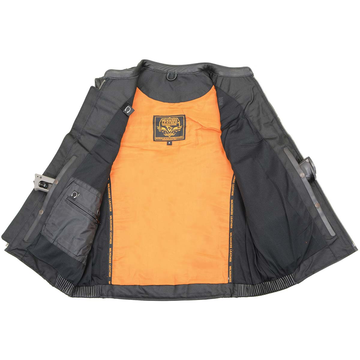 MLM3560 Men's Black Leather Vest - Reflective Piping Elasticized Waist Open Neck Motorcycle Vest