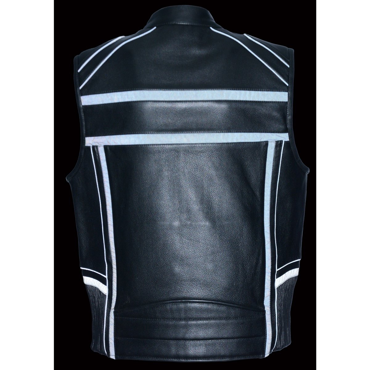 MLM3560 Men's Black Leather Vest - Reflective Piping Elasticized Waist Open Neck Motorcycle Vest