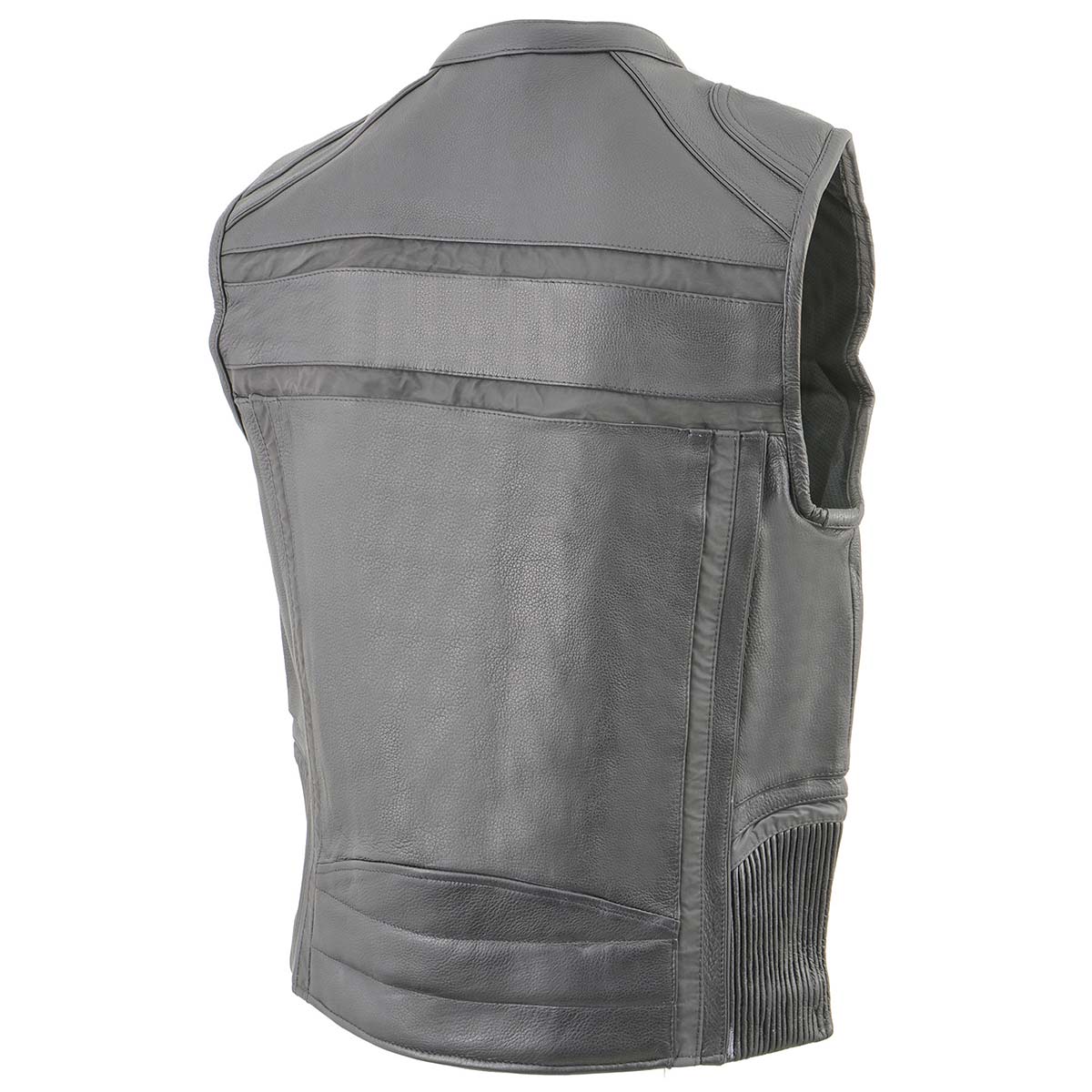 MLM3560 Men's Black Leather Vest - Reflective Piping Elasticized Waist Open Neck Motorcycle Vest