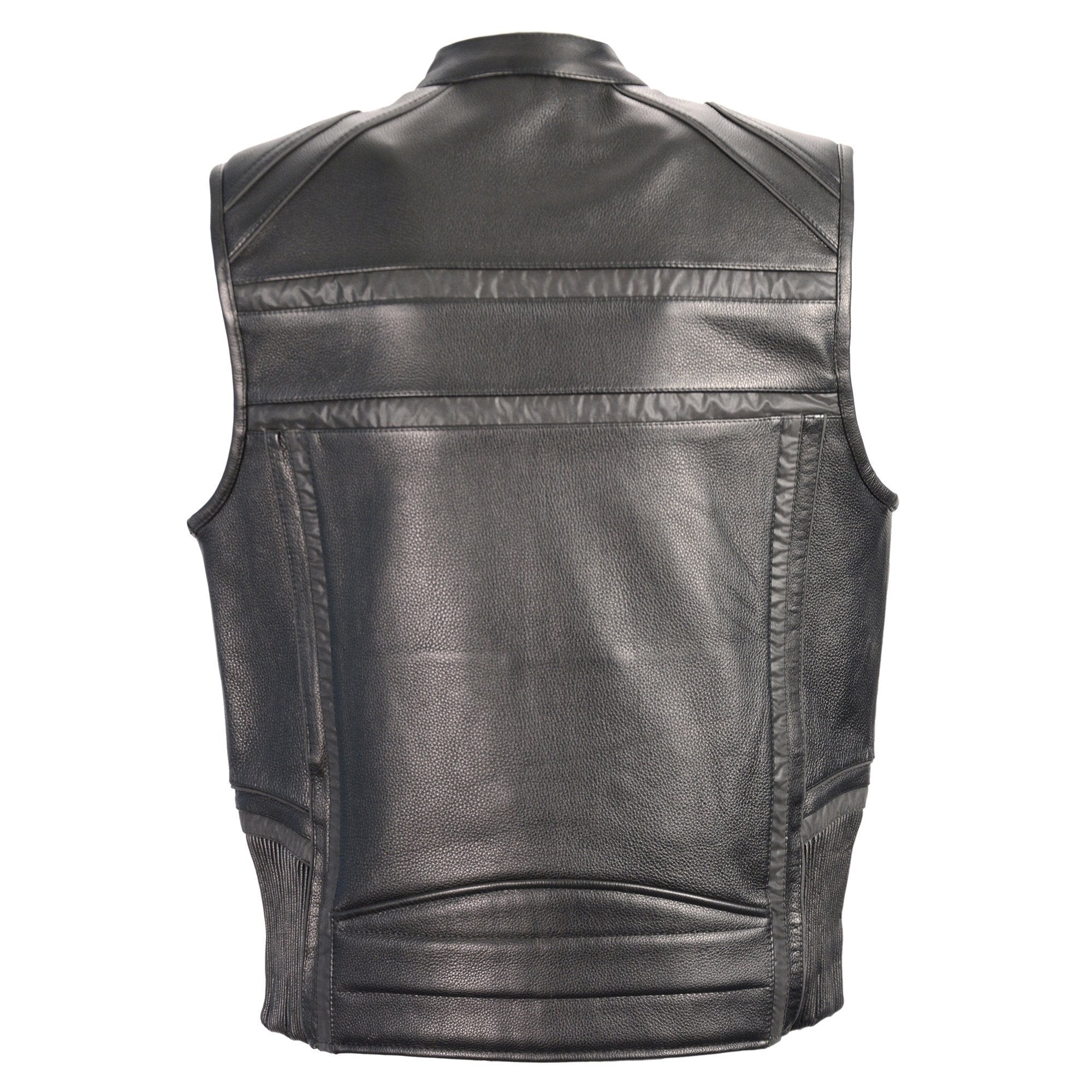 MLM3560 Men's Black Leather Vest - Reflective Piping Elasticized Waist Open Neck Motorcycle Vest