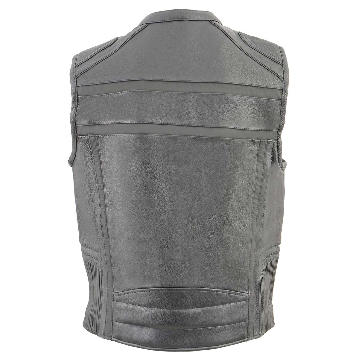 MLM3560 Men's Black Leather Vest - Reflective Piping Elasticized Waist Open Neck Motorcycle Vest
