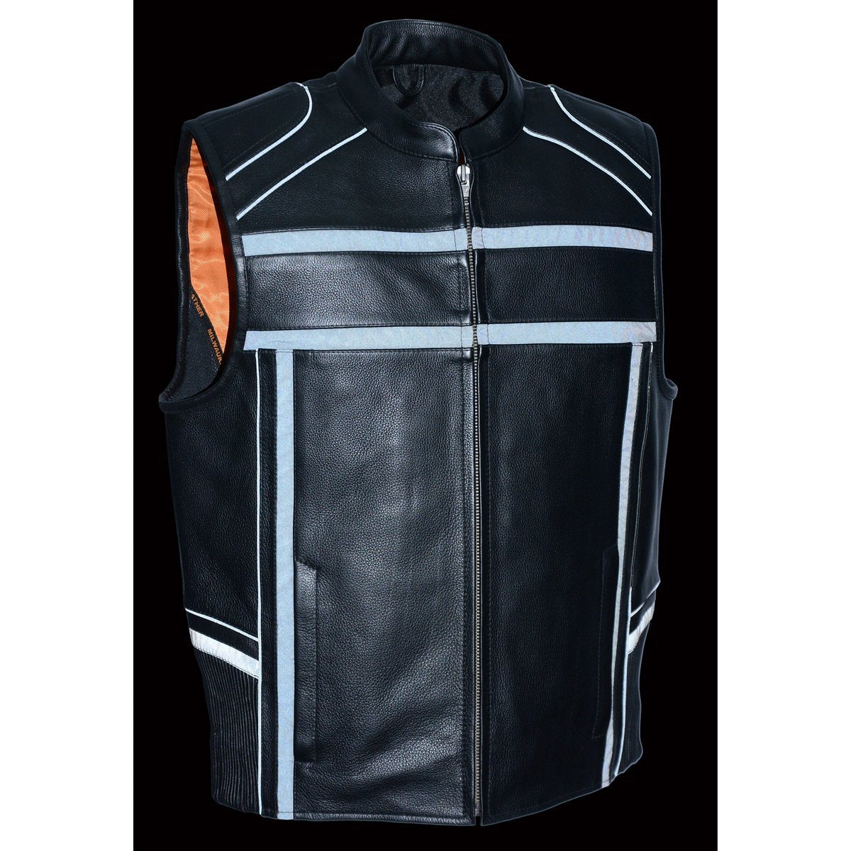 MLM3560 Men's Black Leather Vest - Reflective Piping Elasticized Waist Open Neck Motorcycle Vest