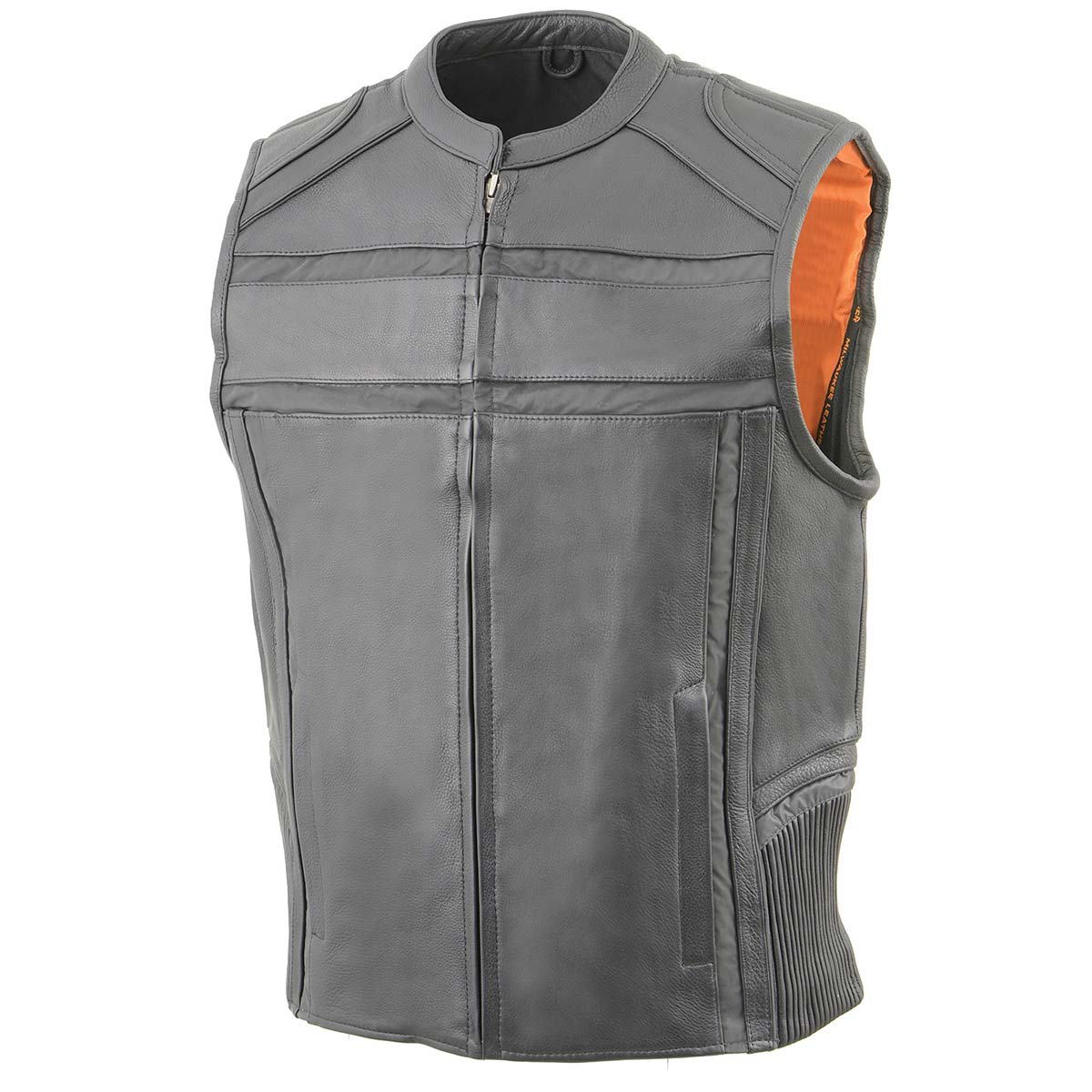 MLM3560 Men's Black Leather Vest - Reflective Piping Elasticized Waist Open Neck Motorcycle Vest