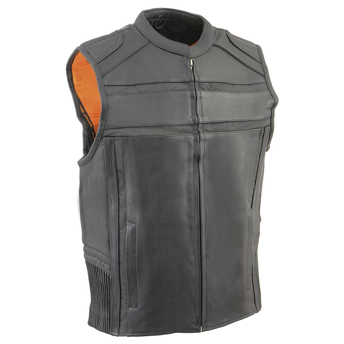 MLM3560 Men's Black Leather Vest - Reflective Piping Elasticized Waist Open Neck Motorcycle Vest