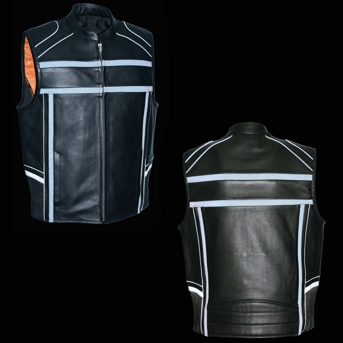 MLM3560 Men's Black Leather Vest - Reflective Piping Elasticized Waist Open Neck Motorcycle Vest