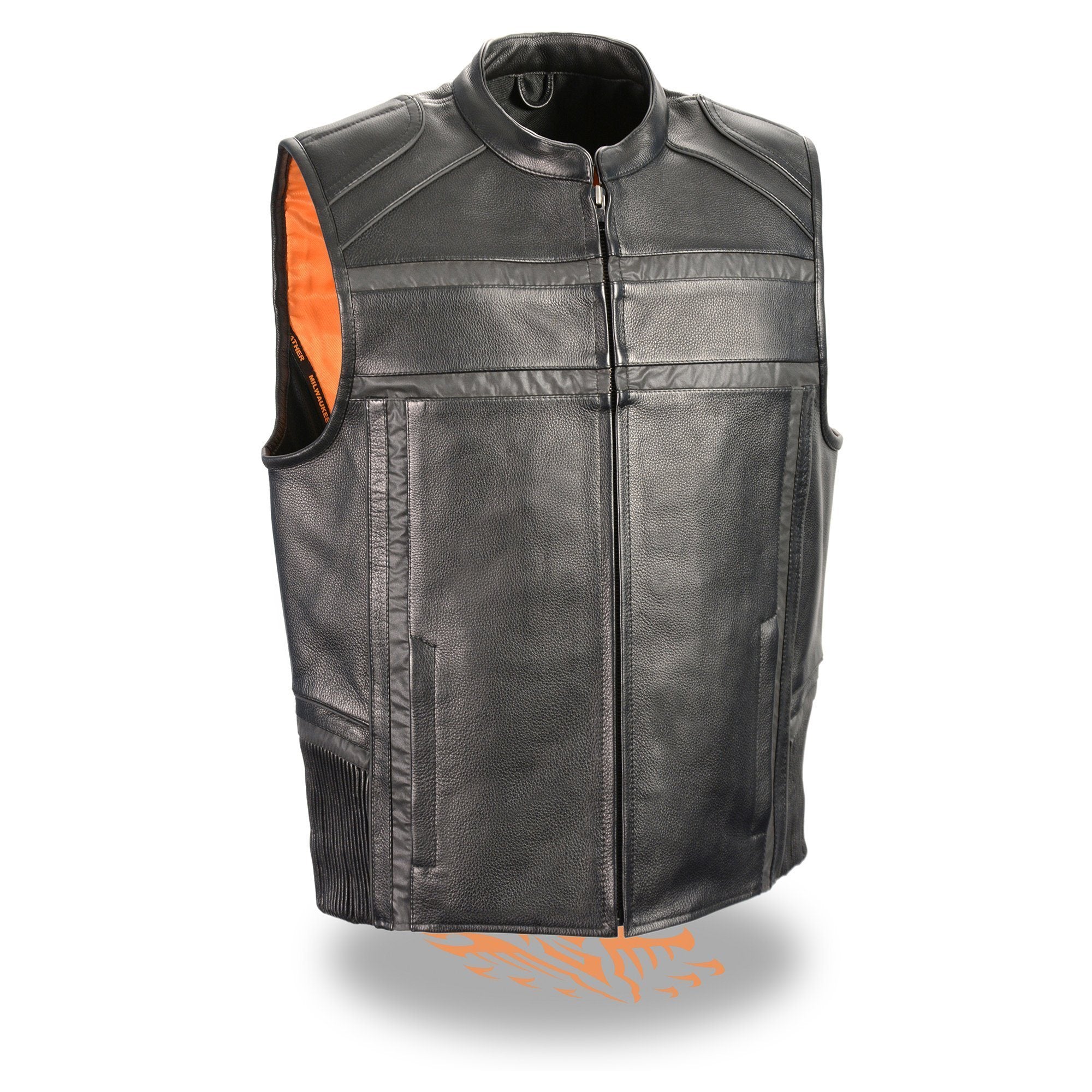 MLM3560 Men's Black Leather Vest - Reflective Piping Elasticized Waist Open Neck Motorcycle Vest