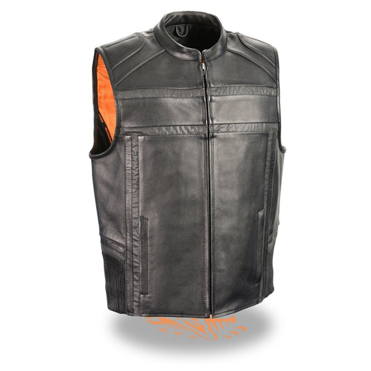 MLM3560 Men's Black Leather Vest - Reflective Piping Elasticized Waist Open Neck Motorcycle Vest