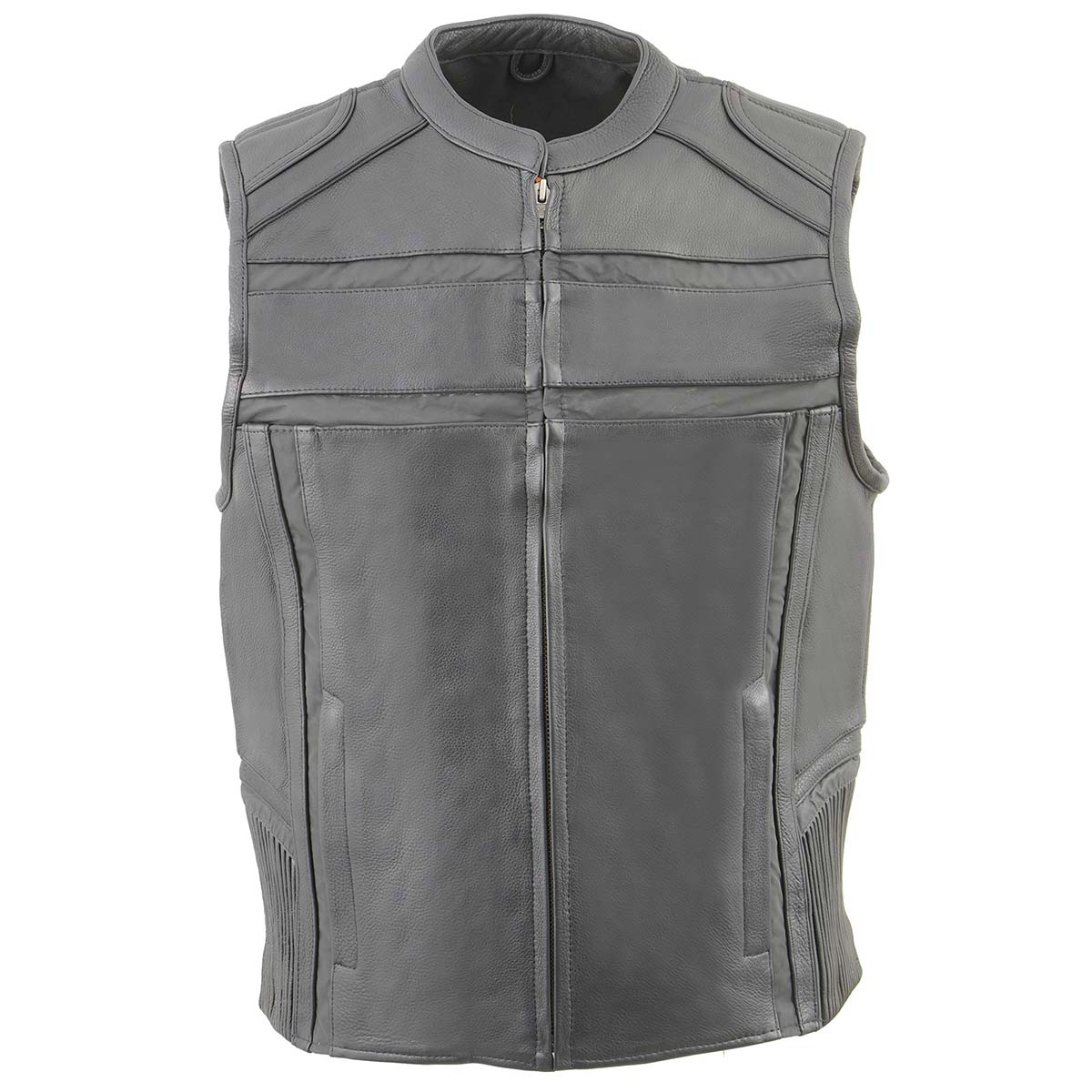 MLM3560 Men's Black Leather Vest - Reflective Piping Elasticized Waist Open Neck Motorcycle Vest