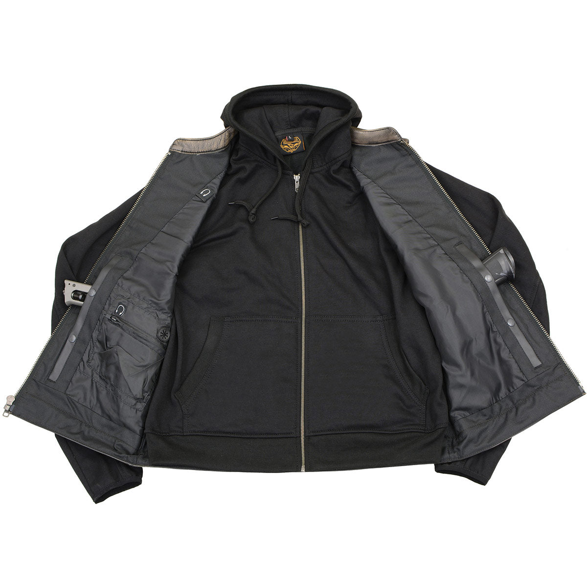 MLM3561 Men's Leather Vest w/ Removeable Hoodie- Distress Brown Reflective Skulls Motorcycle Vest