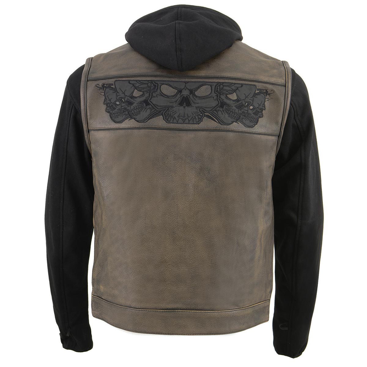MLM3561 Men's Leather Vest w/ Removeable Hoodie- Distress Brown Reflective Skulls Motorcycle Vest