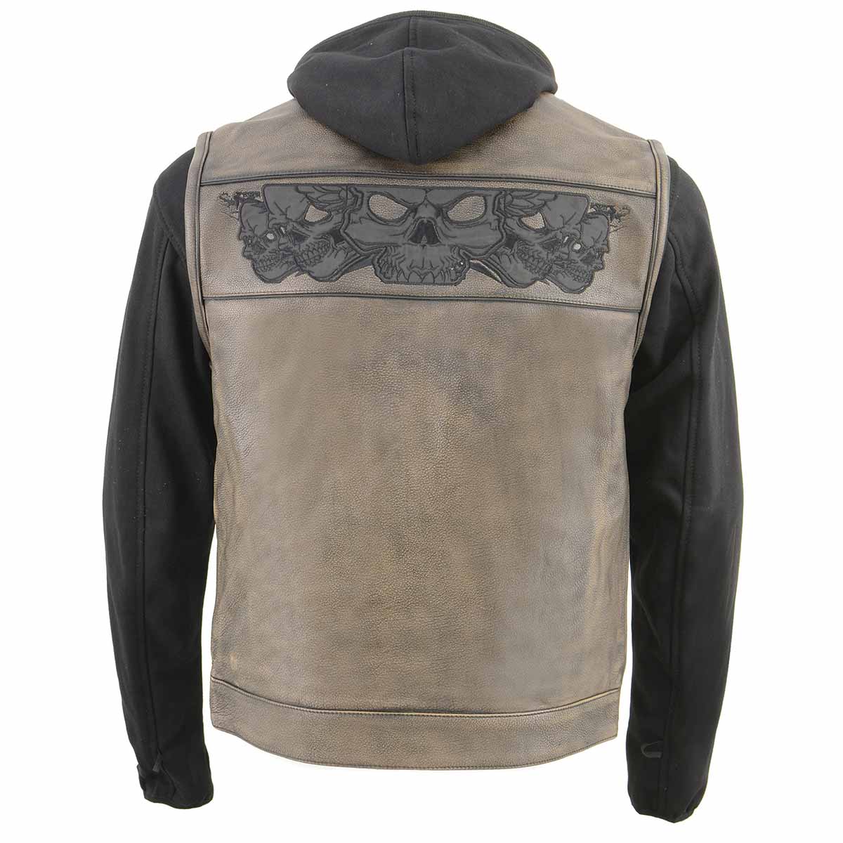 MLM3561 Men's Leather Vest w/ Removeable Hoodie- Distress Brown Reflective Skulls Motorcycle Vest