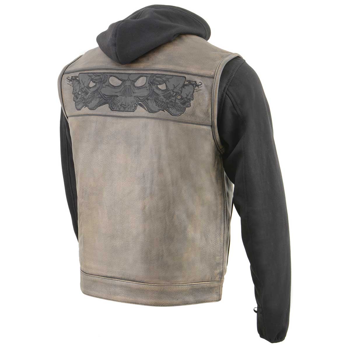 MLM3561 Men's Leather Vest w/ Removeable Hoodie- Distress Brown Reflective Skulls Motorcycle Vest