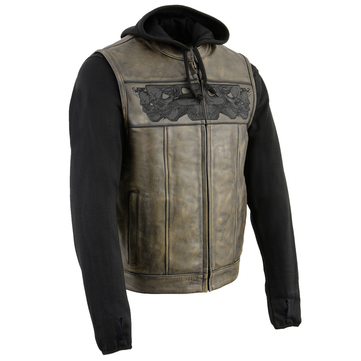 MLM3561 Men's Leather Vest w/ Removeable Hoodie- Distress Brown Reflective Skulls Motorcycle Vest