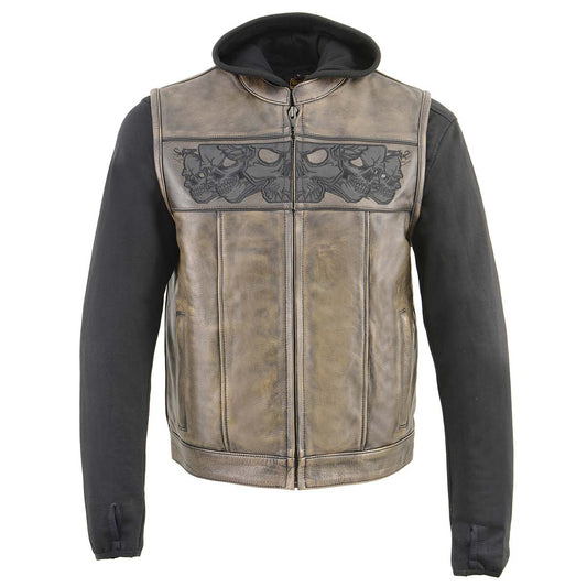 MLM3561 Men's Leather Vest w/ Removeable Hoodie- Distress Brown Reflective Skulls Motorcycle Vest