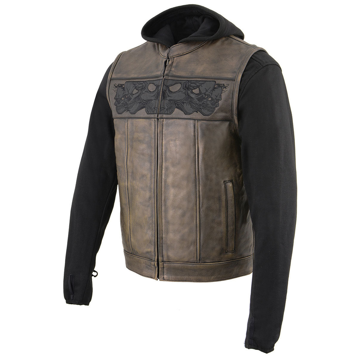 MLM3561 Men's Leather Vest w/ Removeable Hoodie- Distress Brown Reflective Skulls Motorcycle Vest