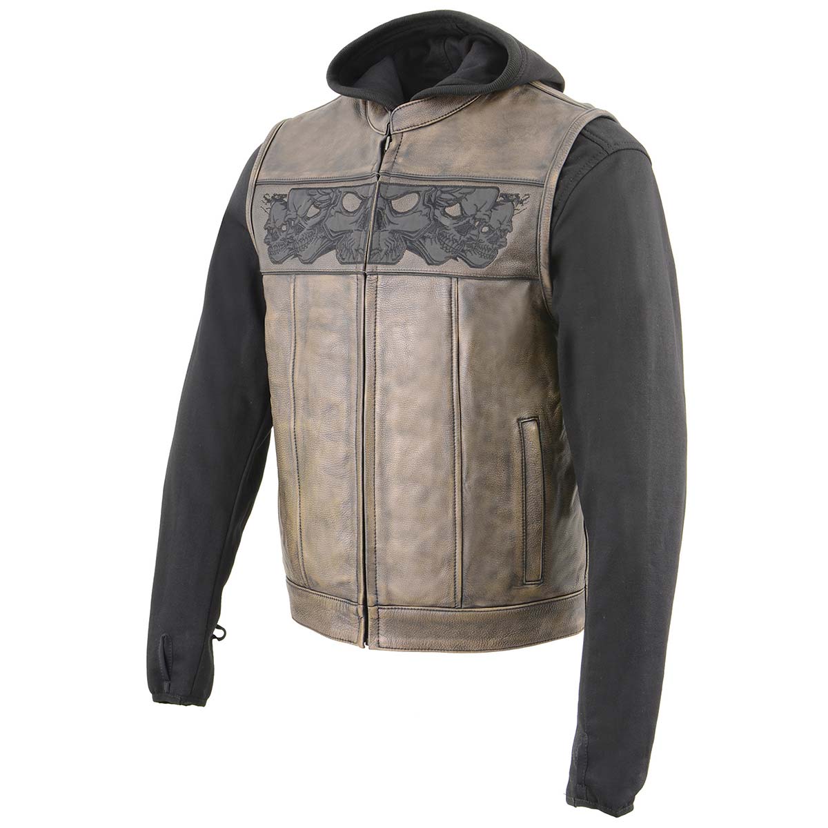 MLM3561 Men's Leather Vest w/ Removeable Hoodie- Distress Brown Reflective Skulls Motorcycle Vest