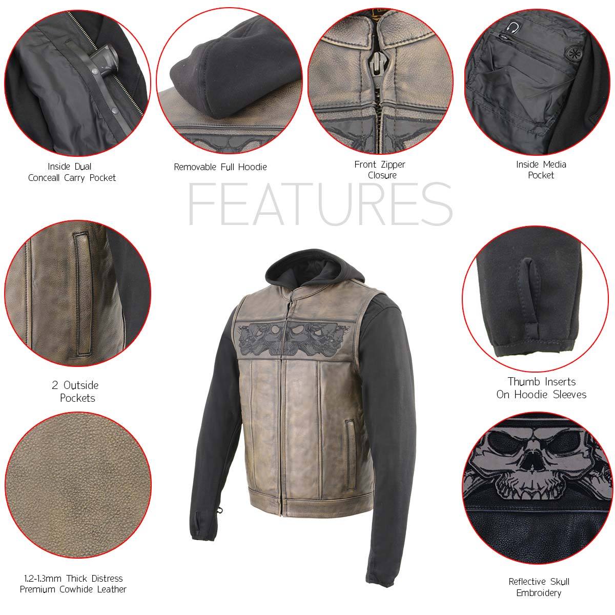 MLM3561 Men's Leather Vest w/ Removeable Hoodie- Distress Brown Reflective Skulls Motorcycle Vest