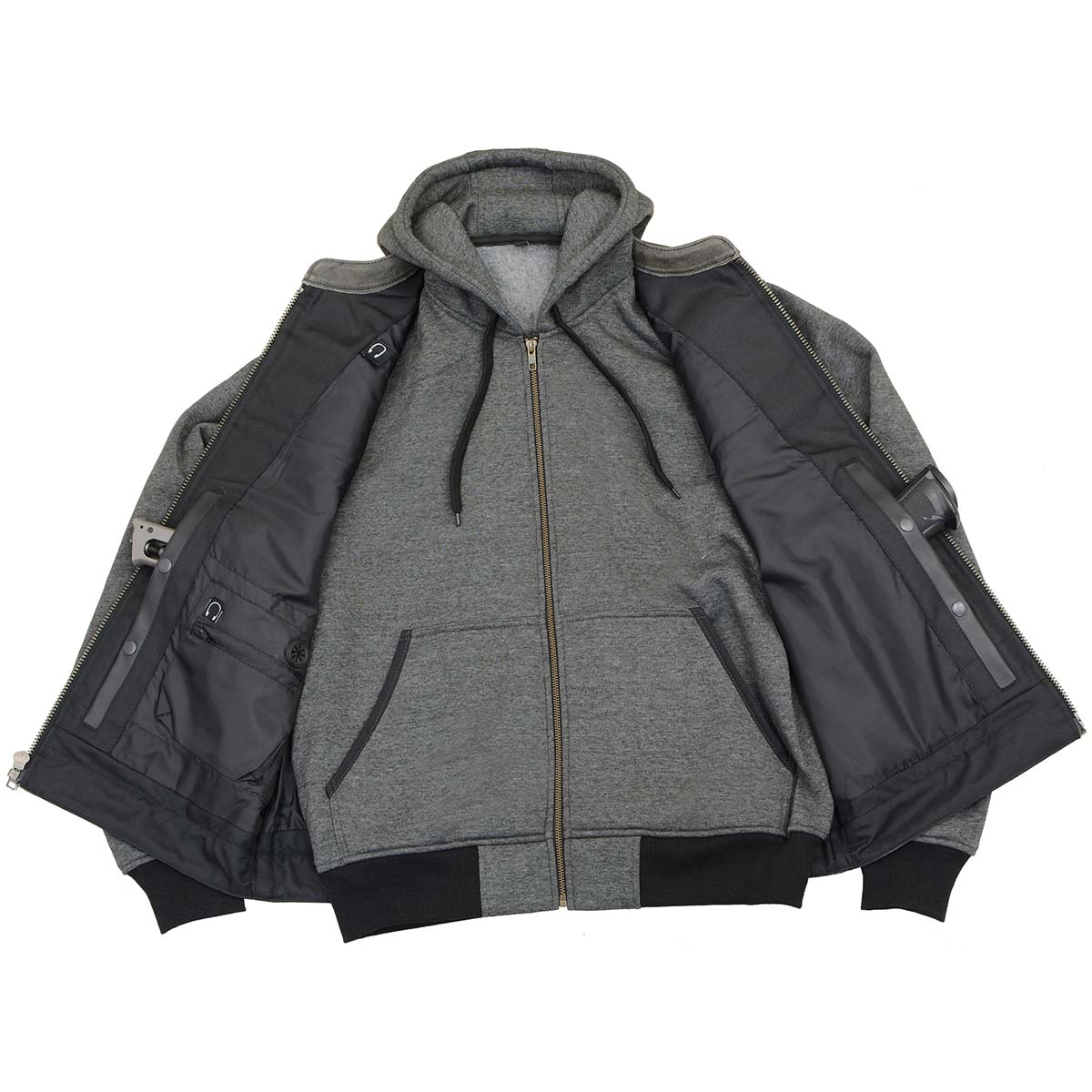 MLM3562 Men's Leather Vest w/ Removeable Hoodie - Distress Grey Reflective Skulls Motorcycle Vest