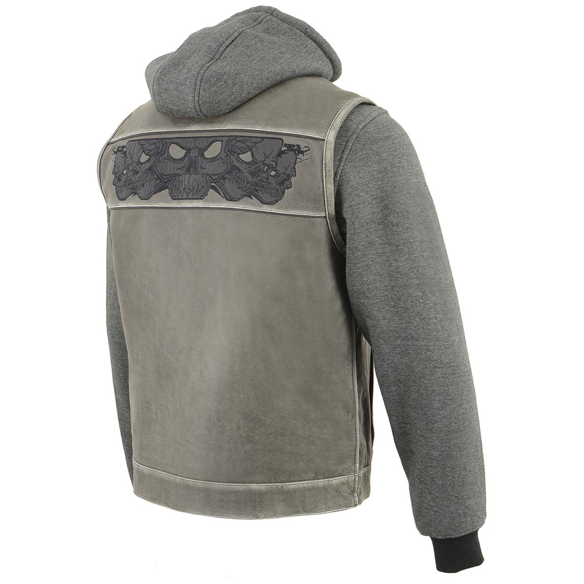 MLM3562 Men's Leather Vest w/ Removeable Hoodie - Distress Grey Reflective Skulls Motorcycle Vest