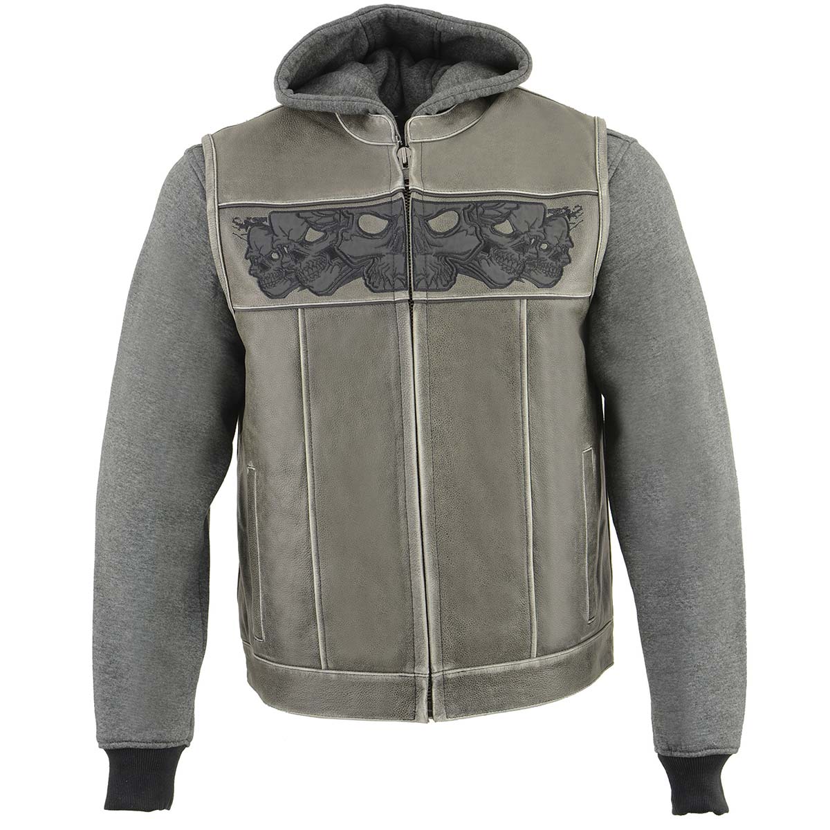 MLM3562 Men's Leather Vest w/ Removeable Hoodie - Distress Grey Reflective Skulls Motorcycle Vest